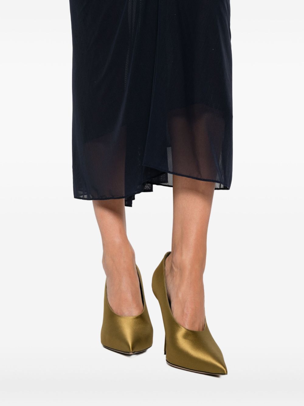 Mugler Black Ruched Mesh Midi Skirt In Black