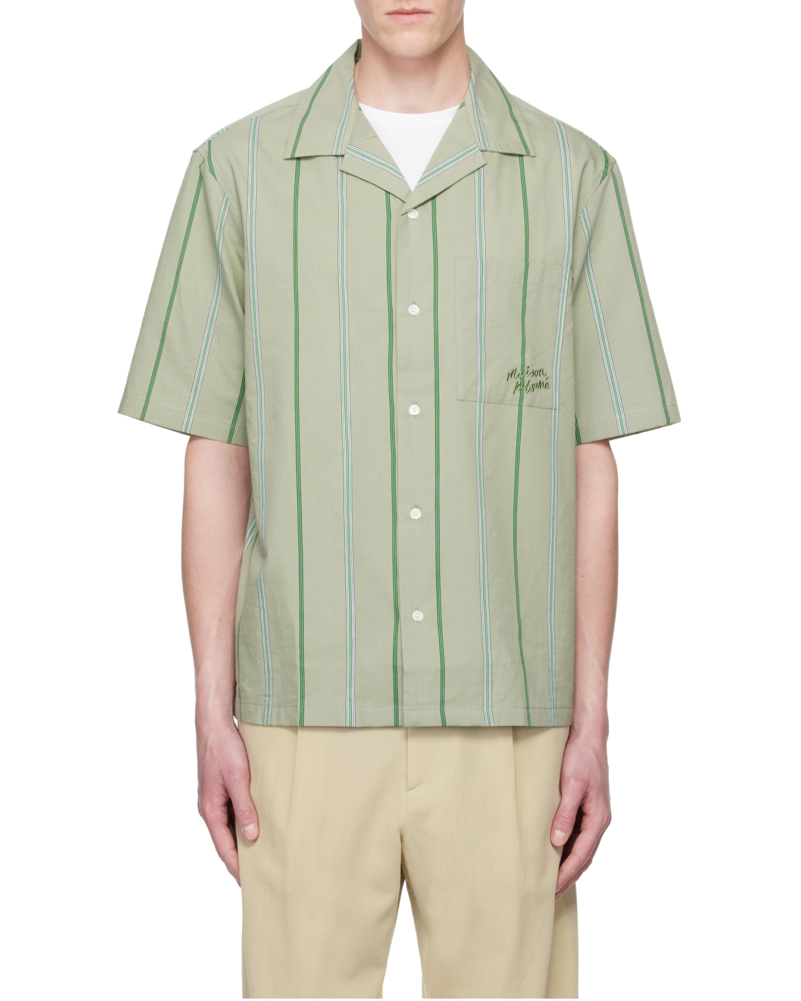 Maison Kitsuné Striped Short Sleeved Resort Shirt In Green