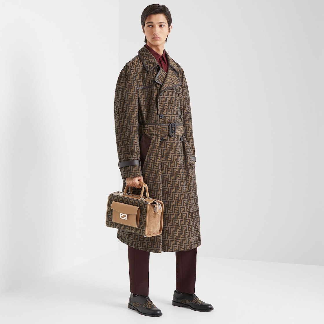 Fendi Ff Jacquard Double-breasted Trench Coat In Brown