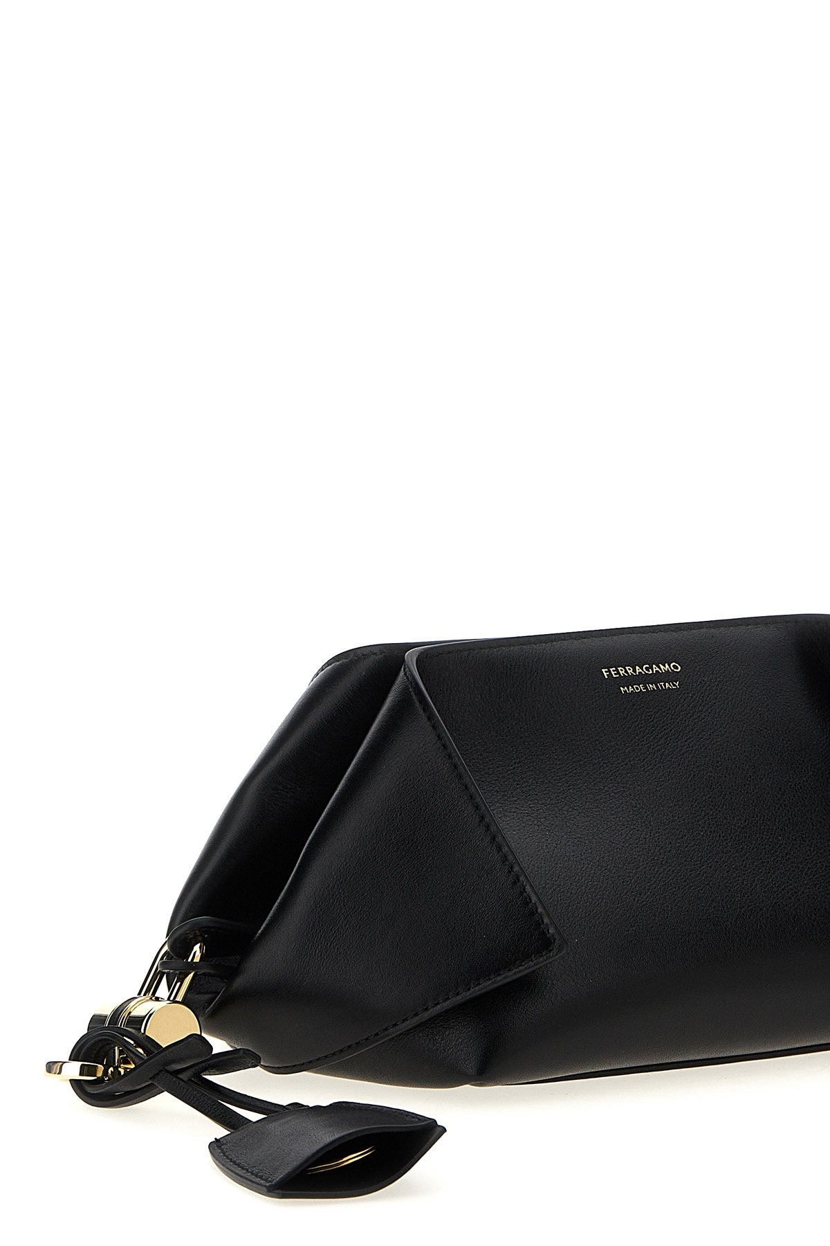 Ferragamo Chain Strap Leather Clutch With Gold-tone Hardware In Black