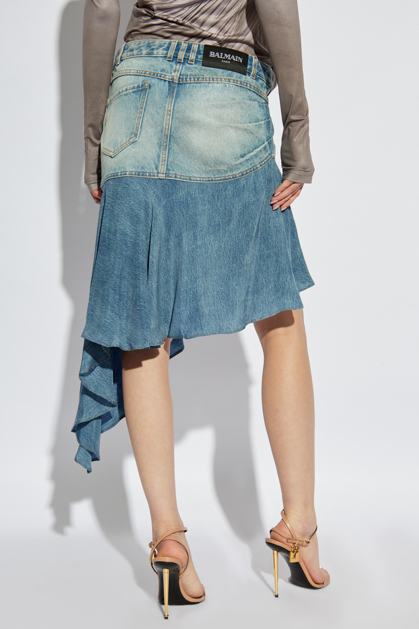 Balmain Asymmetrical Midi Denim Skirt In Blue