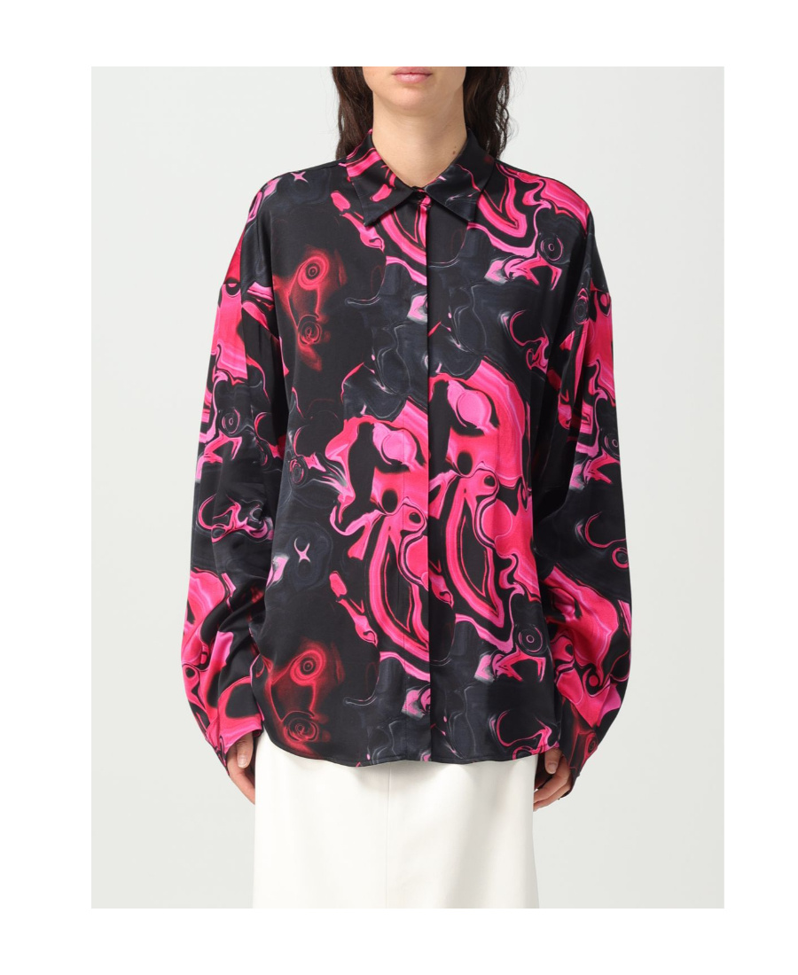 Msgm Magma-print Satin-finish Shirt In Black
