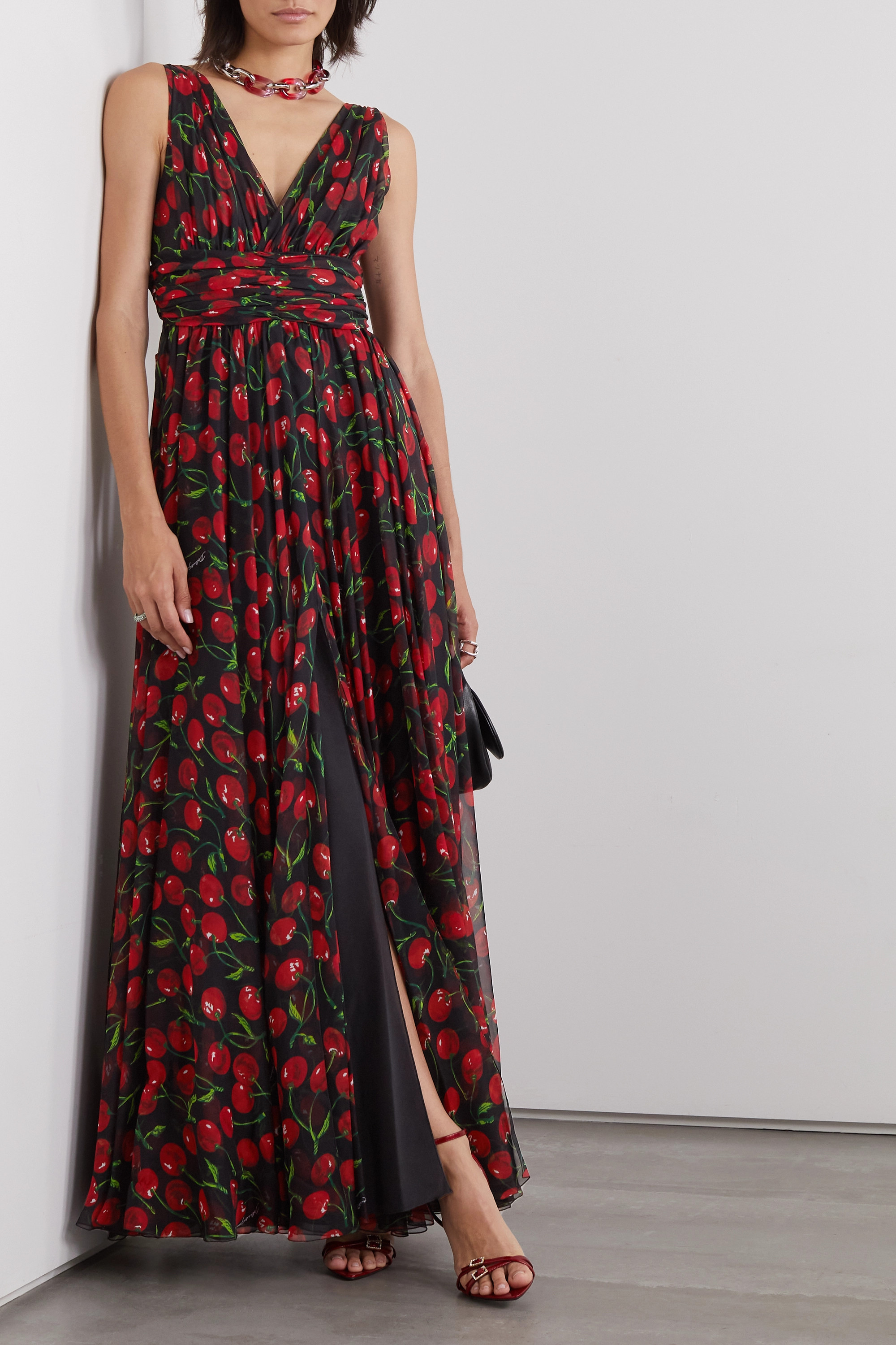 Dolce & Gabbana Long Cherry-print Chiffon Dress In Black