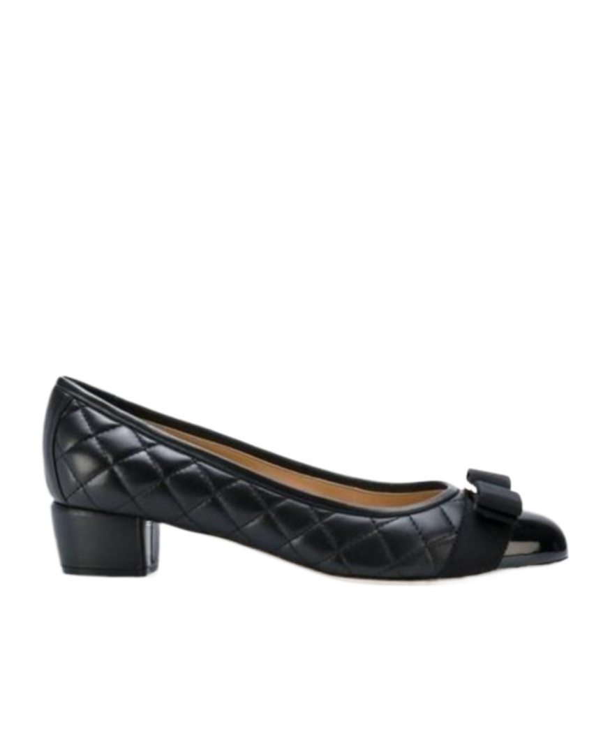Ferragamo Vara Q Bow-embellished Quilted Patent-leather Pumps In Black