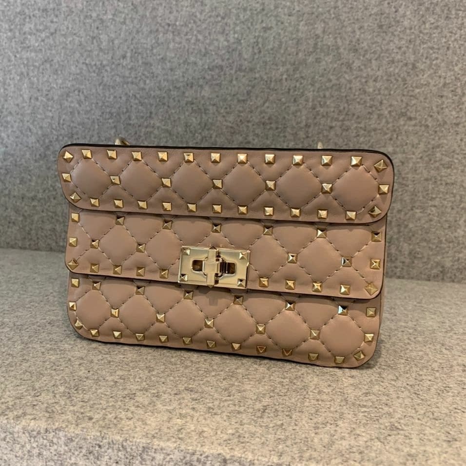 Valentino Beige Leather Small Rockstud Spike Top Handle Bag In Nude
