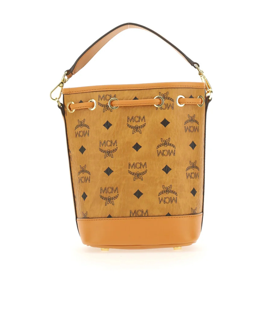 Mcm Allover Monogram Pattern Drawstring Bucket Bag In Brown