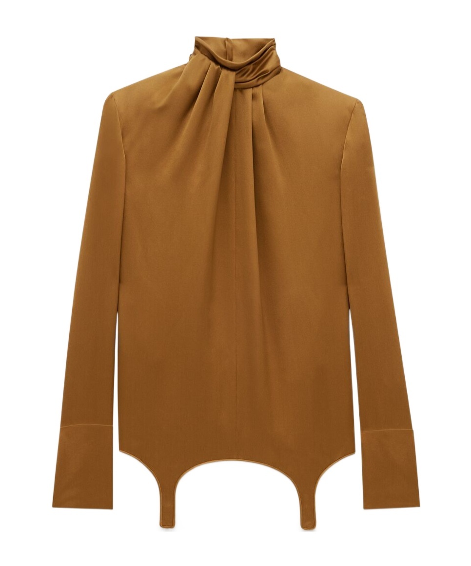 Saint Laurent Twisted Silk-satin Turtleneck Mini Dress In Brown