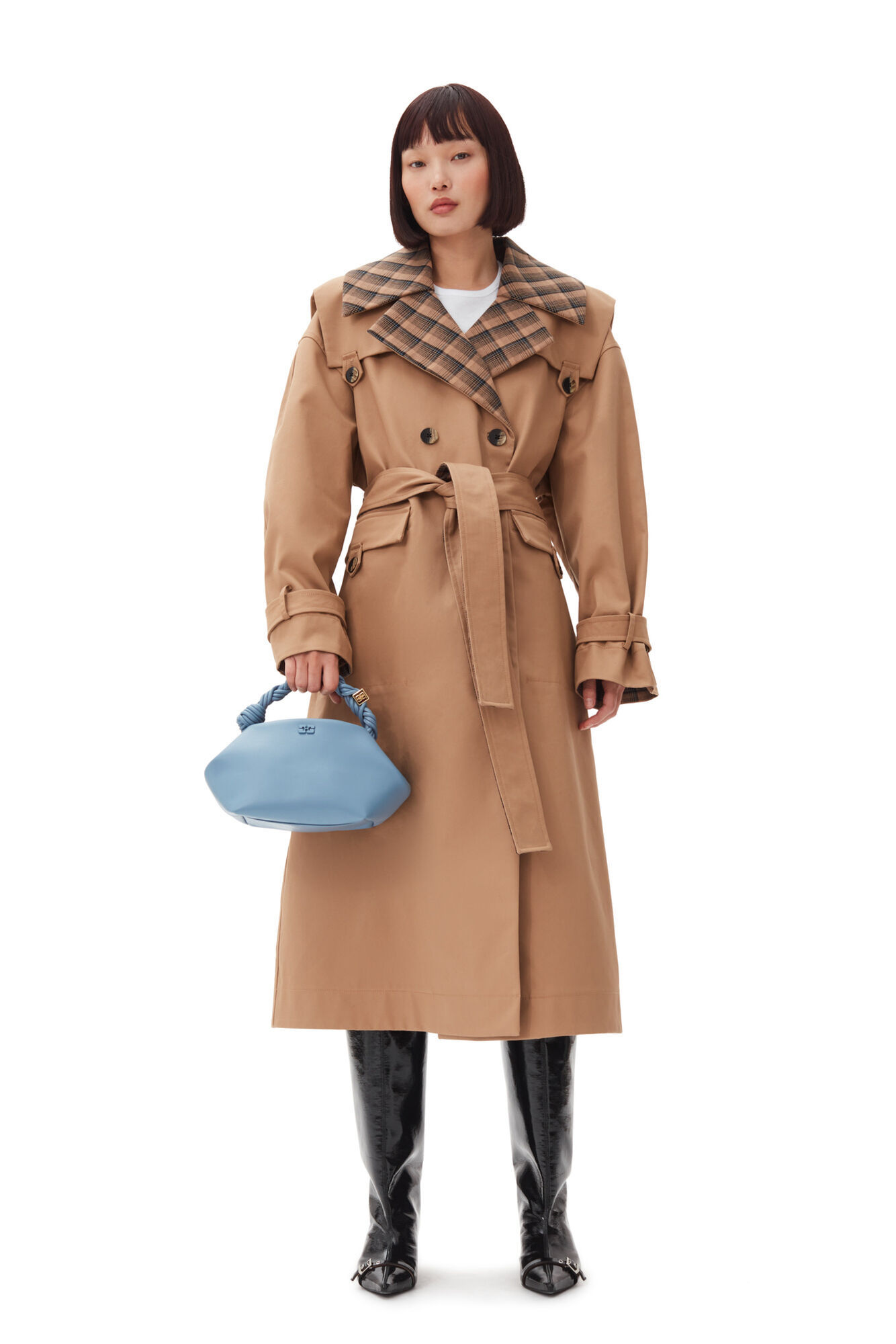 GANNI BROWN BONDED COTTON OVERSIZED TRENCH COAT