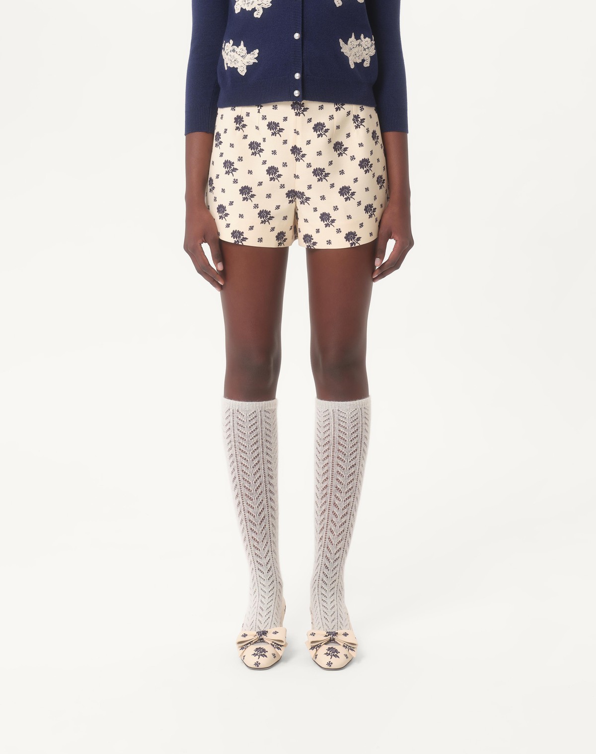 Shop Valentino Shorts In Crepe Couture Fiorellino Blu Papier Floral In Milk/blue