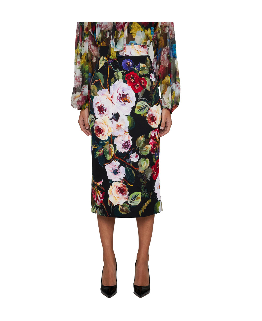 Dolce & Gabbana Silk Blend Charmeuse Printed Midi Skirt In Black