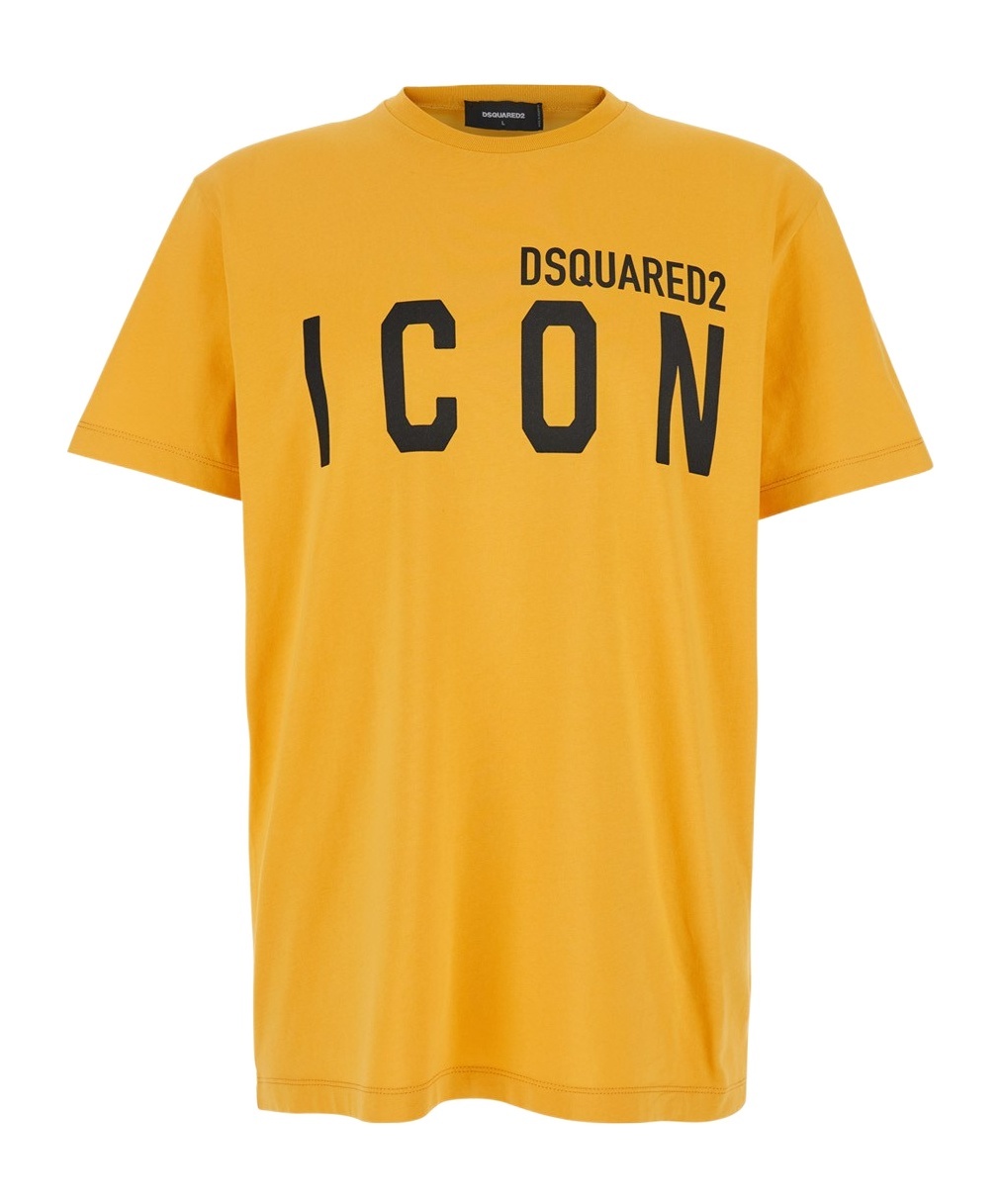 Dsquared2 Yellow Crewneck T-shirt With Maxi Logo Print On The Front In Cotton Man In Yellow