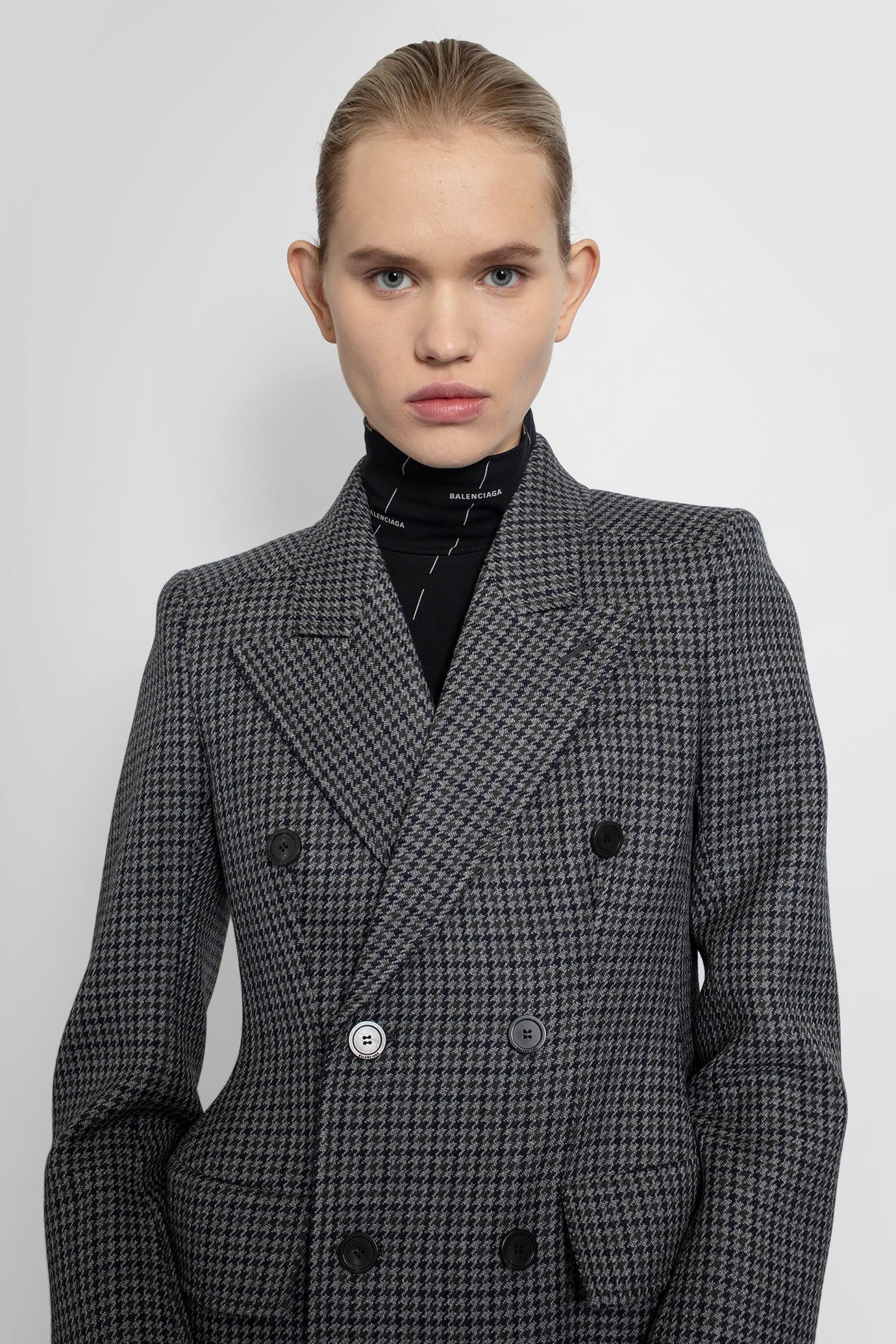 Balenciaga Hourglass Double-breasted Prince Of Wales Checked Wool Coat In Black