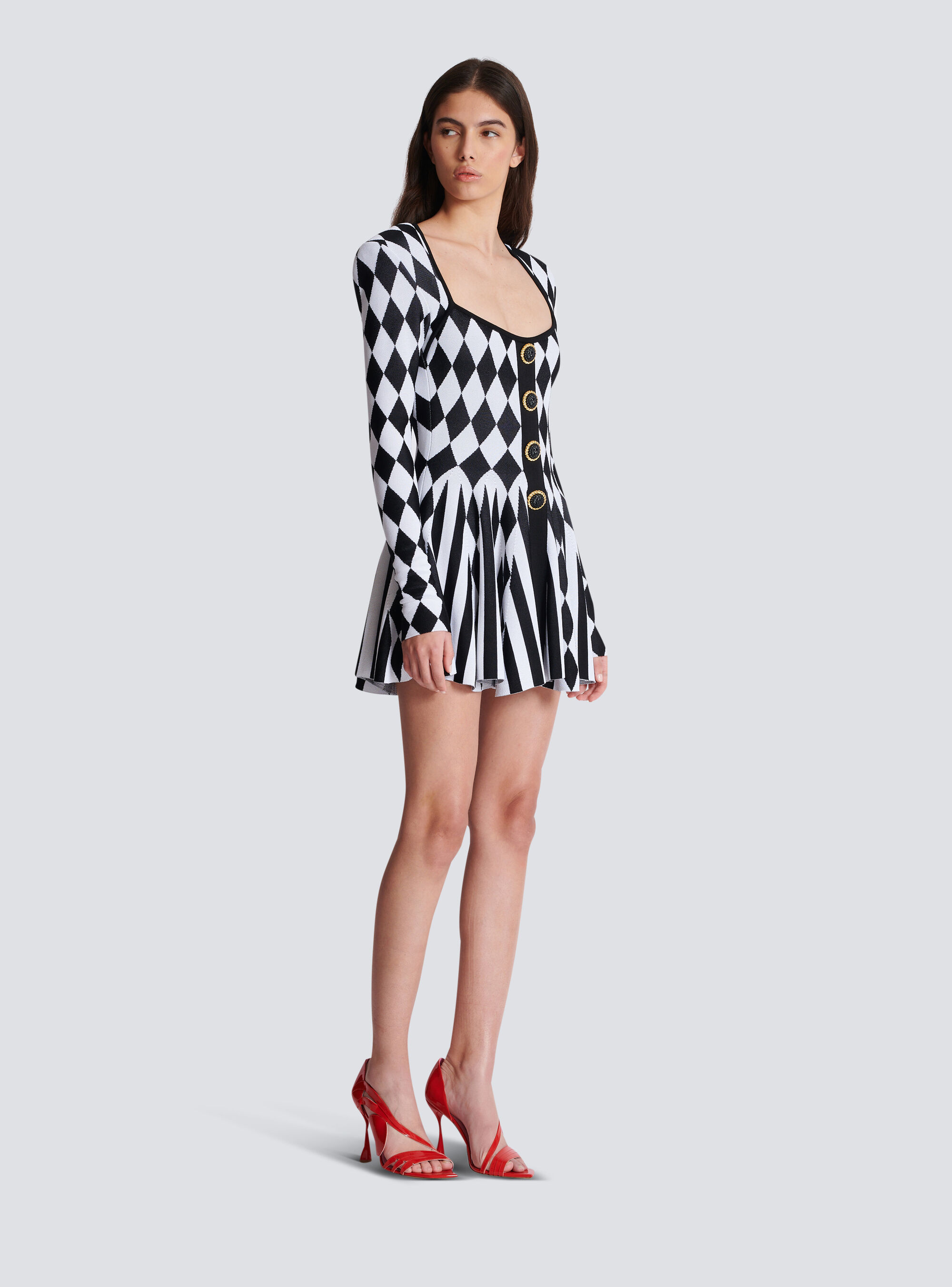 Balmain Diamond-intarsia Knitted Mini Dress In Black