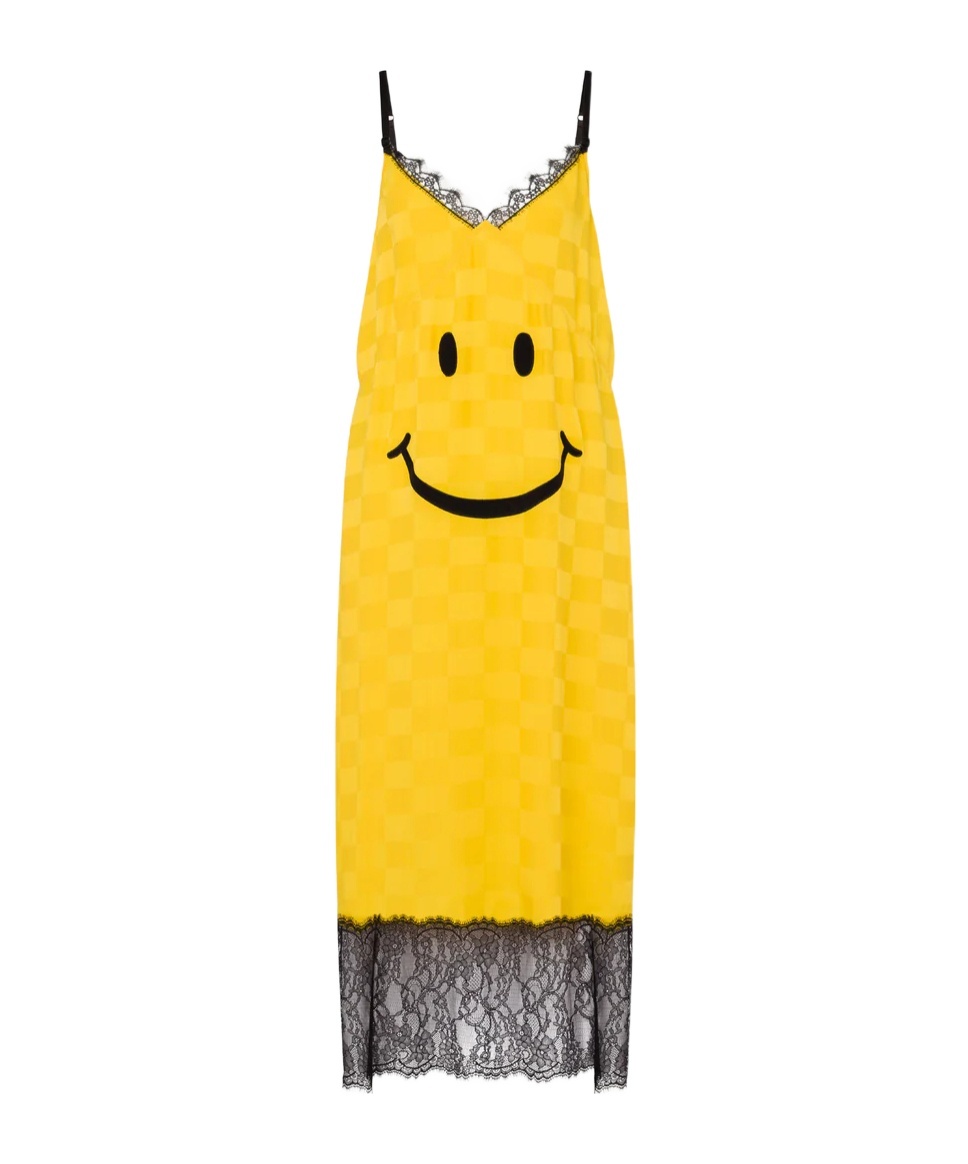 Moschino Smiley Graphic Lace-trimmed Midi Dress In Yellow
