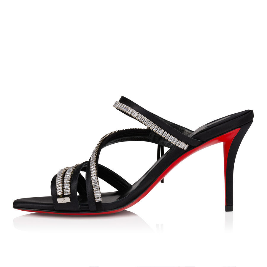 Christian Louboutin Meryl Zip Strass Satin Red Sole Sandals In Black