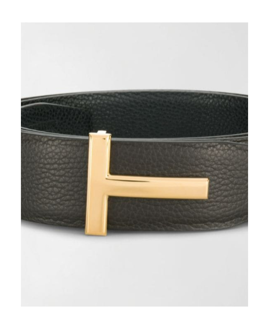 Tom Ford Black Calfskin Leather Belt With Gold T Buckle In Black