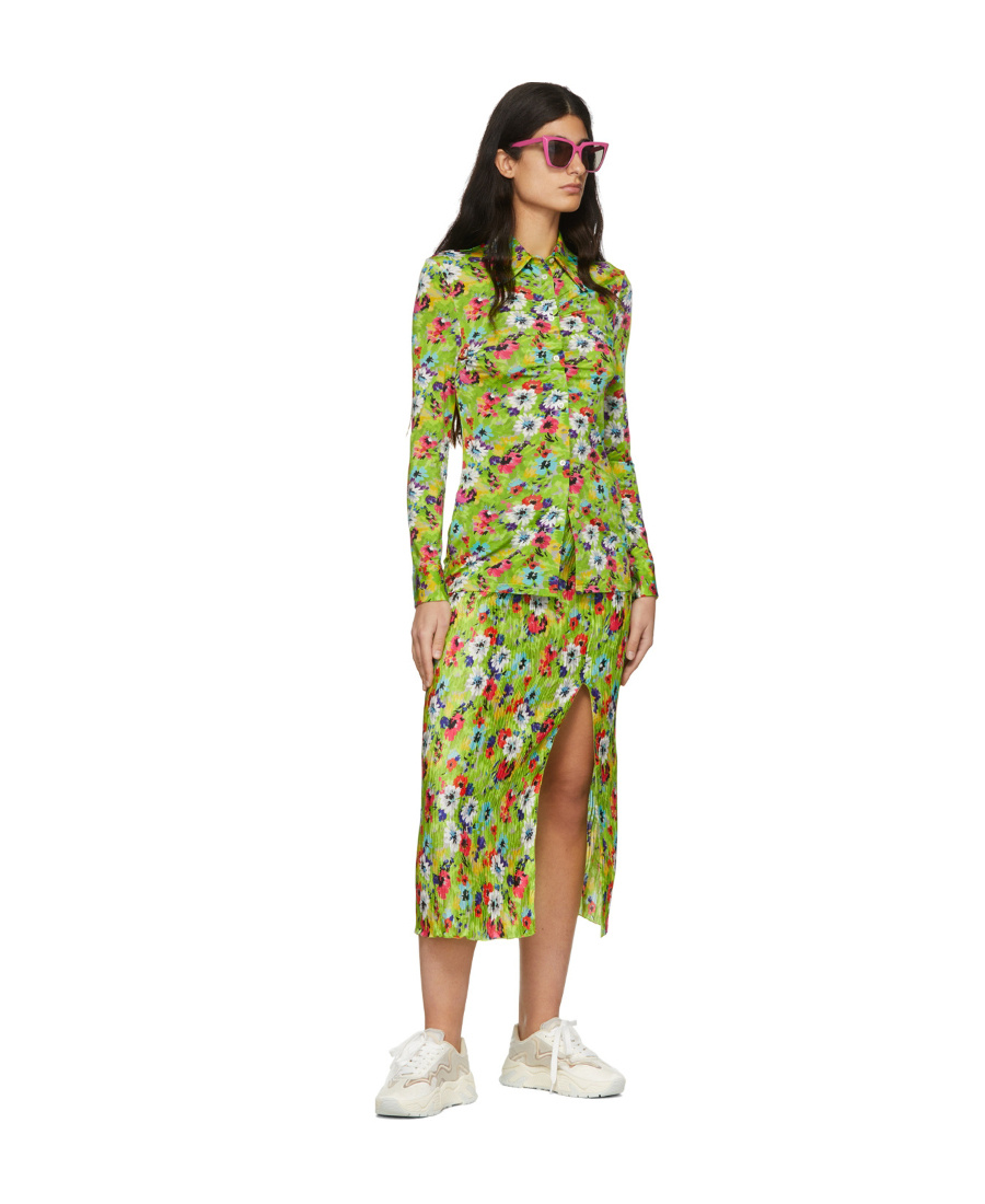Msgm Floral-print Ruched Slim Shirt In Green