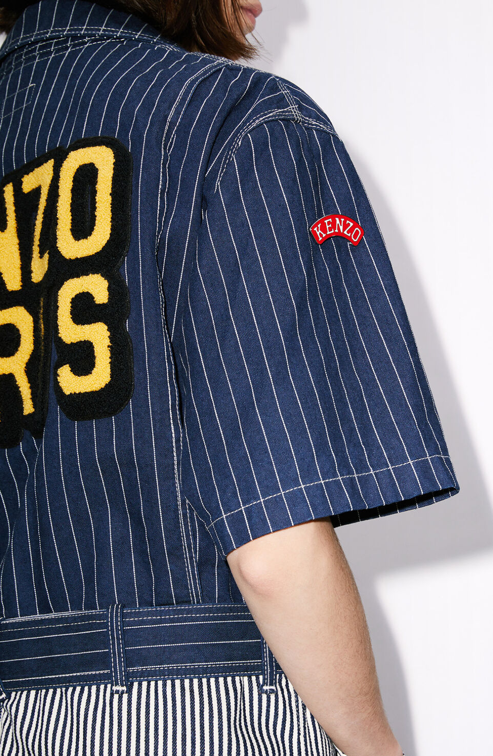 Kenzo Logo-patch Striped Denim Shirtdress In Blue