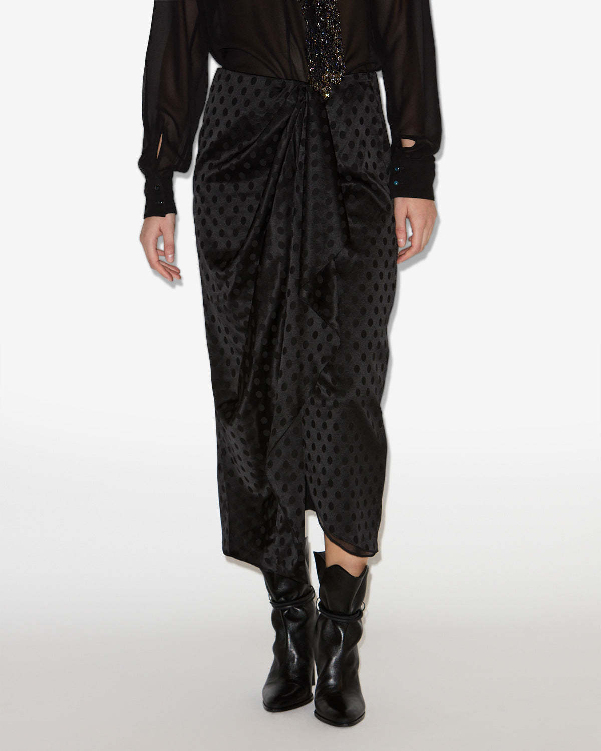 Isabel Marant Draped Polka-dot Mesh-jacquard Midi Skirt In Black