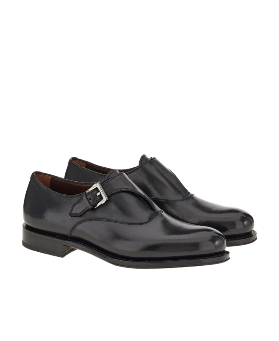 Ferragamo Leather Buckled Monkstrap Shoes In Black