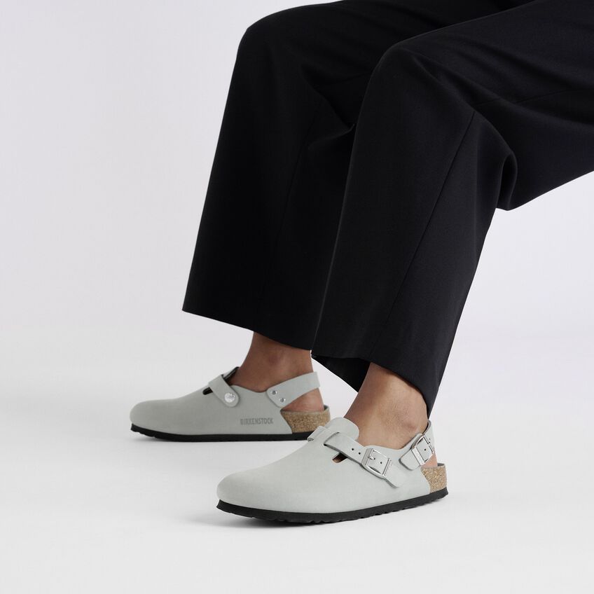 Birkenstock 'tokio' Light Blue Mules With Buckles On The Front And Back In Gray