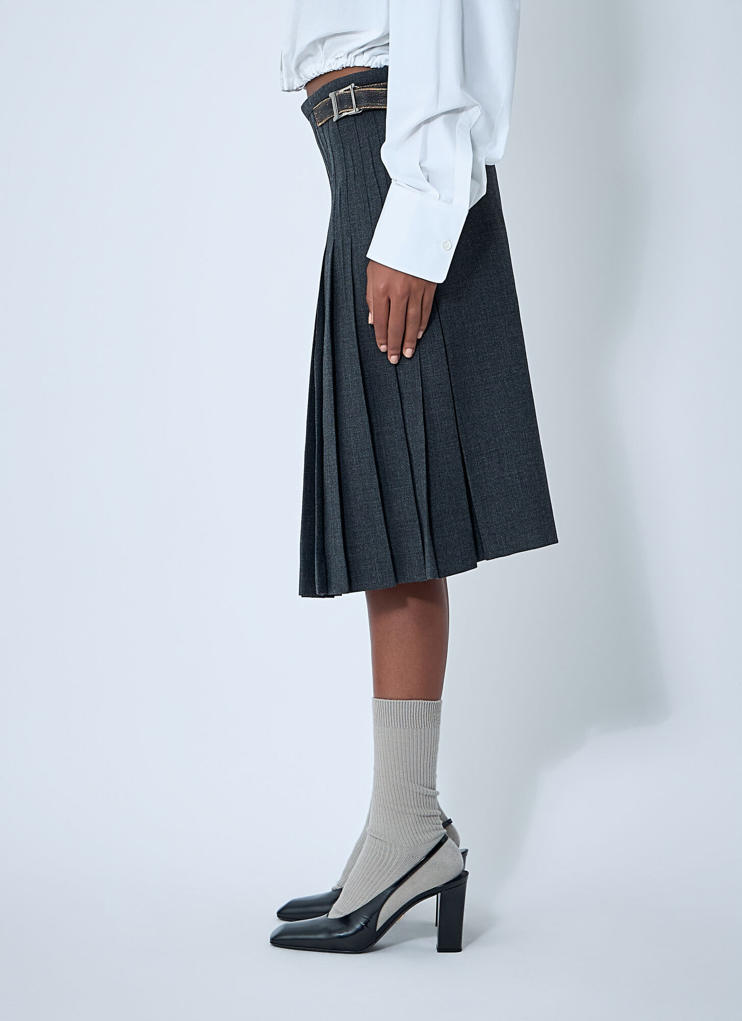 Prada Pleated Rush Stitch Skirt With Belt In Gray