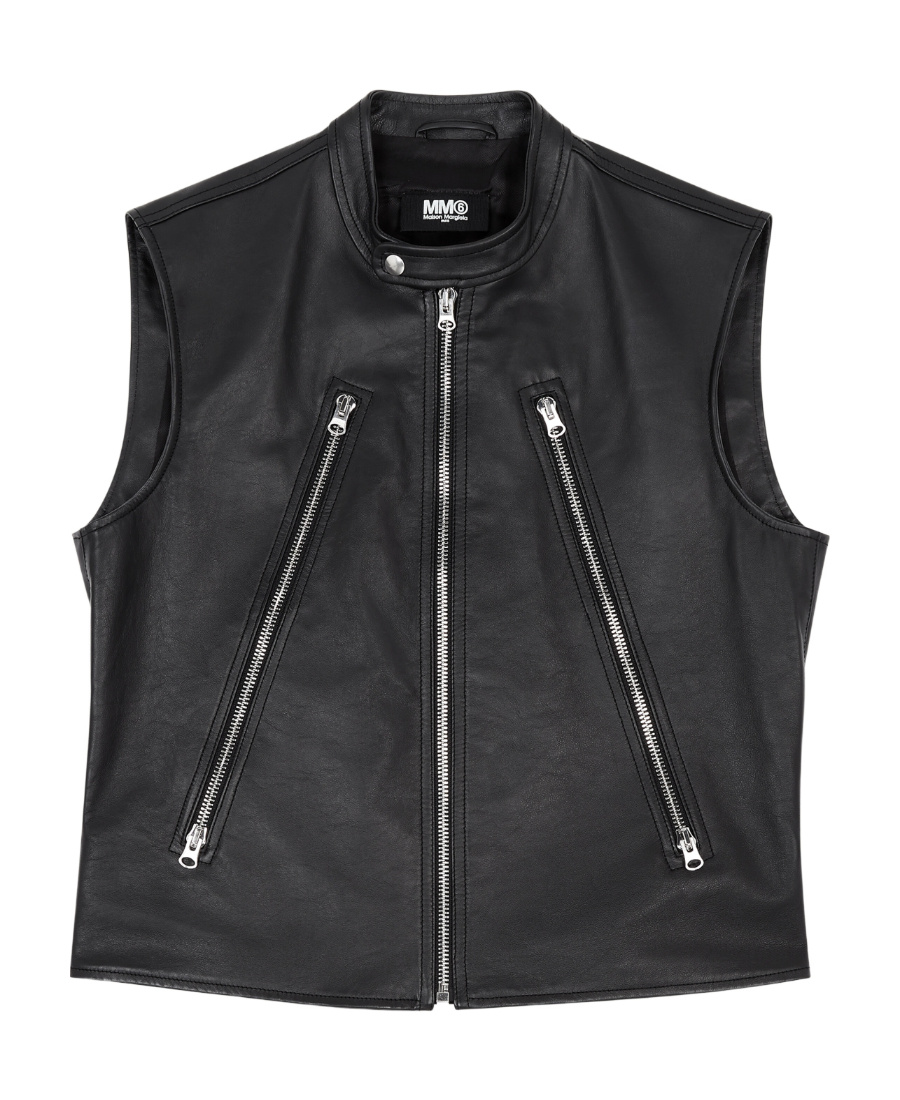 Mm6 Maison Margiela Notched-lapel Leather Gilet In Black