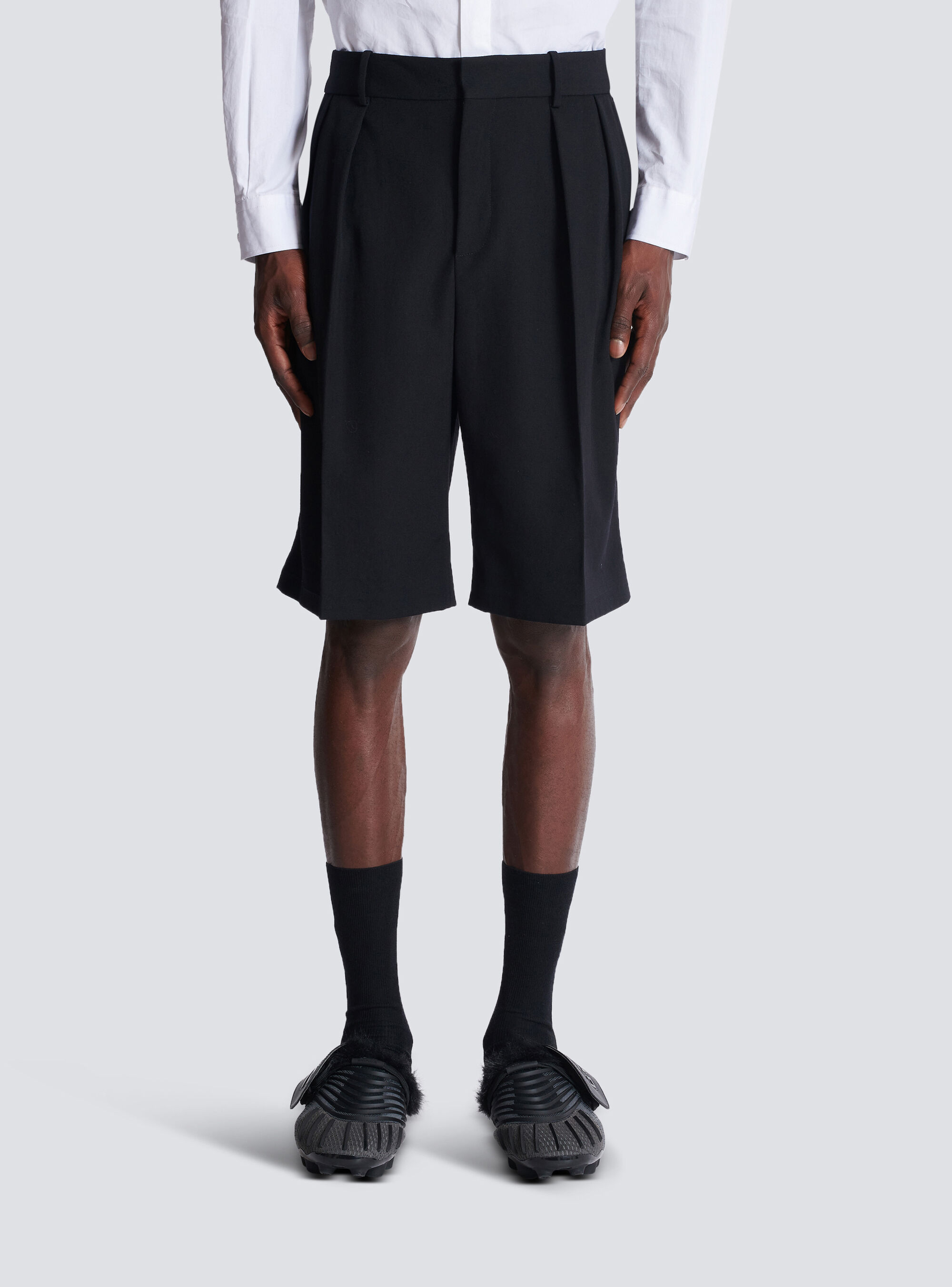 Balmain Grain De Poudre Pleated Bermuda Shorts In Blue