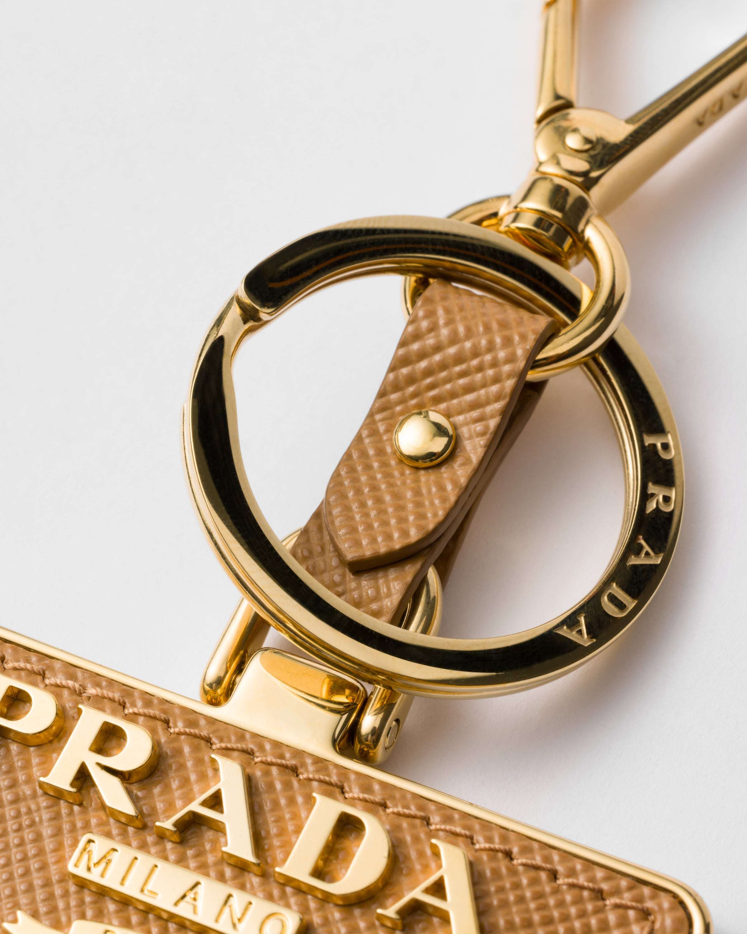 Prada Saffiano Leather And Metal Keychain In Natural