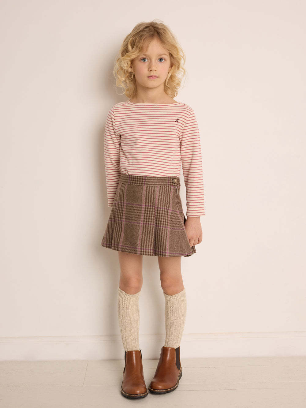 Bonpoint Tutti Check-printed Flared Skirt In Brown