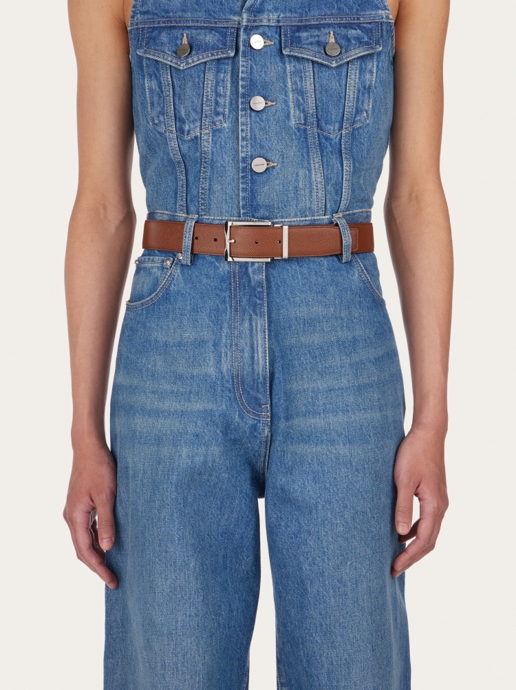 Ferragamo Rectangular Buckle Double-sided Belt In Brown