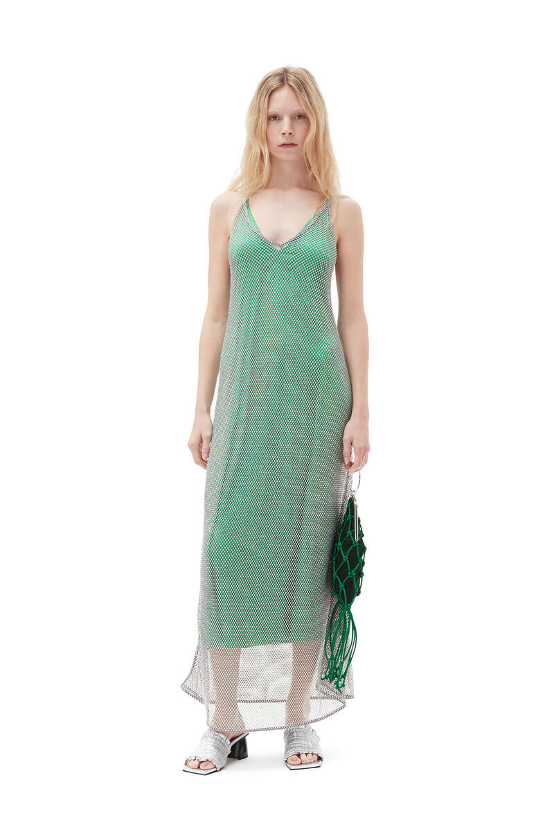 Ganni Crystal-embellished Mesh Dress In Gray