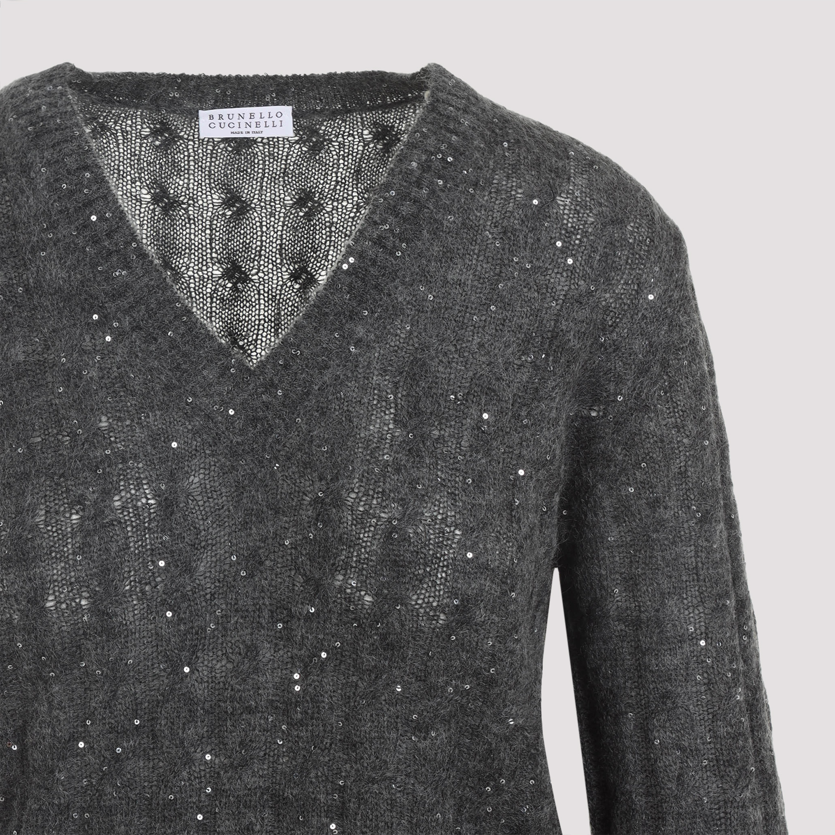 Brunello Cucinelli V-neck Cable Pullover Sequin Embellishments In Gray