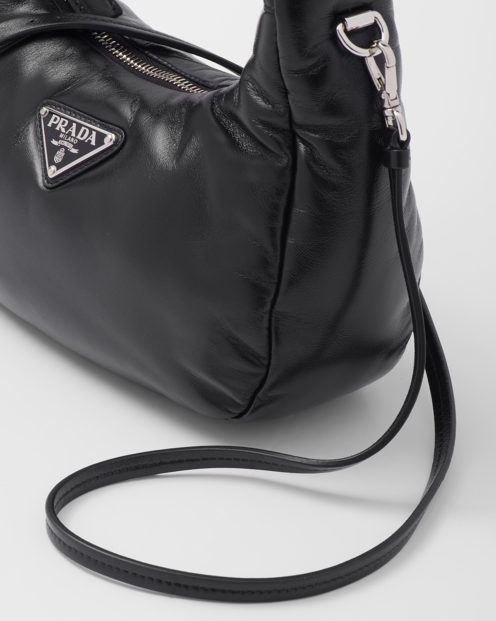 Prada Enamel Triangle-logo Leather Shoulder Bag In Black