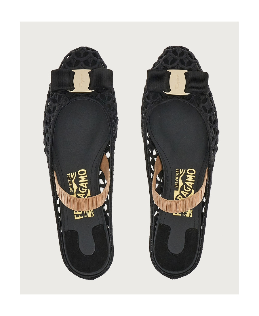 Ferragamo Varina Macramé Weave Slingback Flats In Black