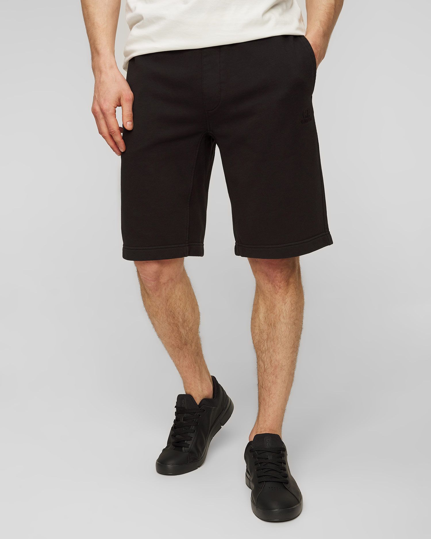 C.p. Company Cotton Diagonal Fleece Logo Shorts In Black