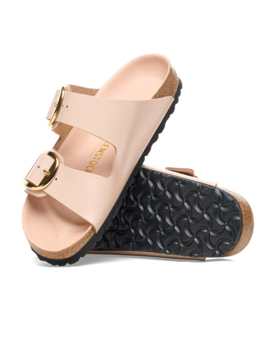 Shop Birkenstock Arizona Big Buckle Leather Slides In Nude