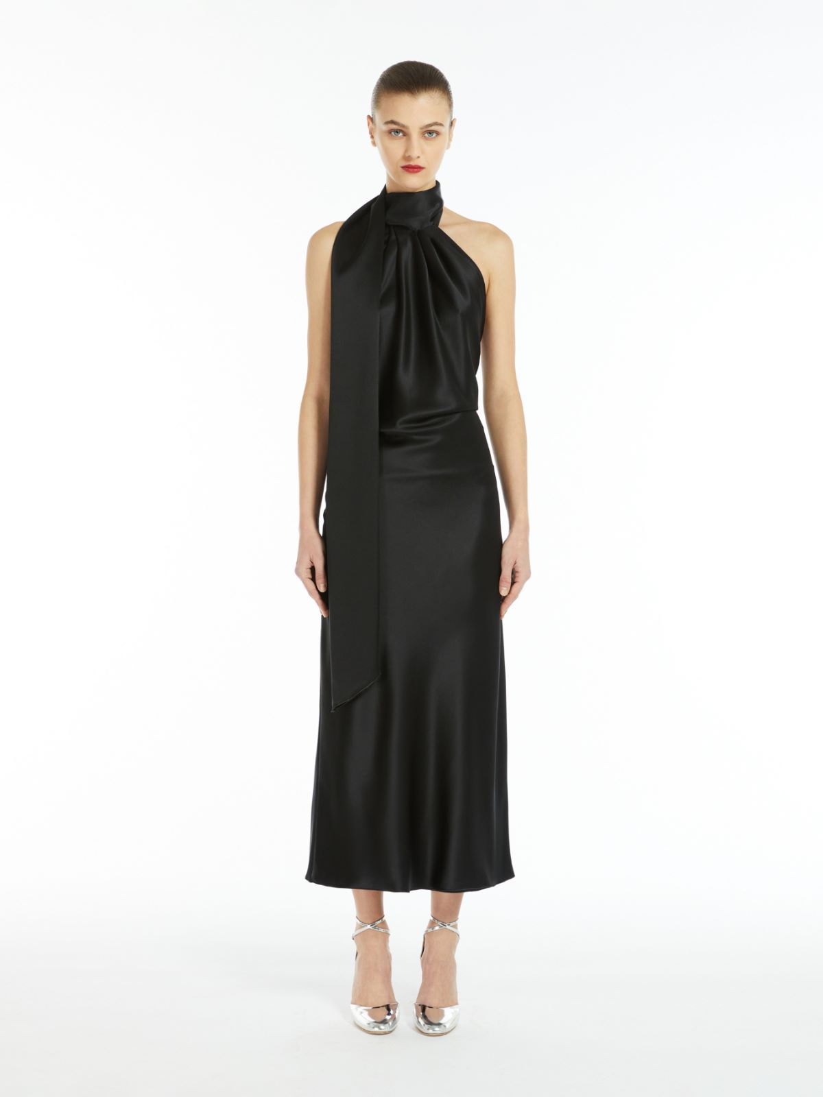 Shop Max Mara Moli Halterneck Sleeveless Satin Dress In Black