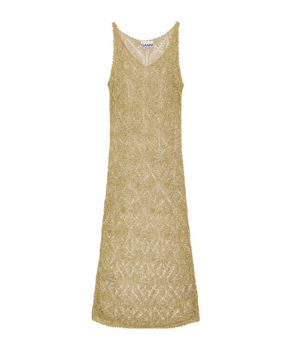 Ganni Gold Midi Dress In Viscose Blend With Metallic Texture. In Nude