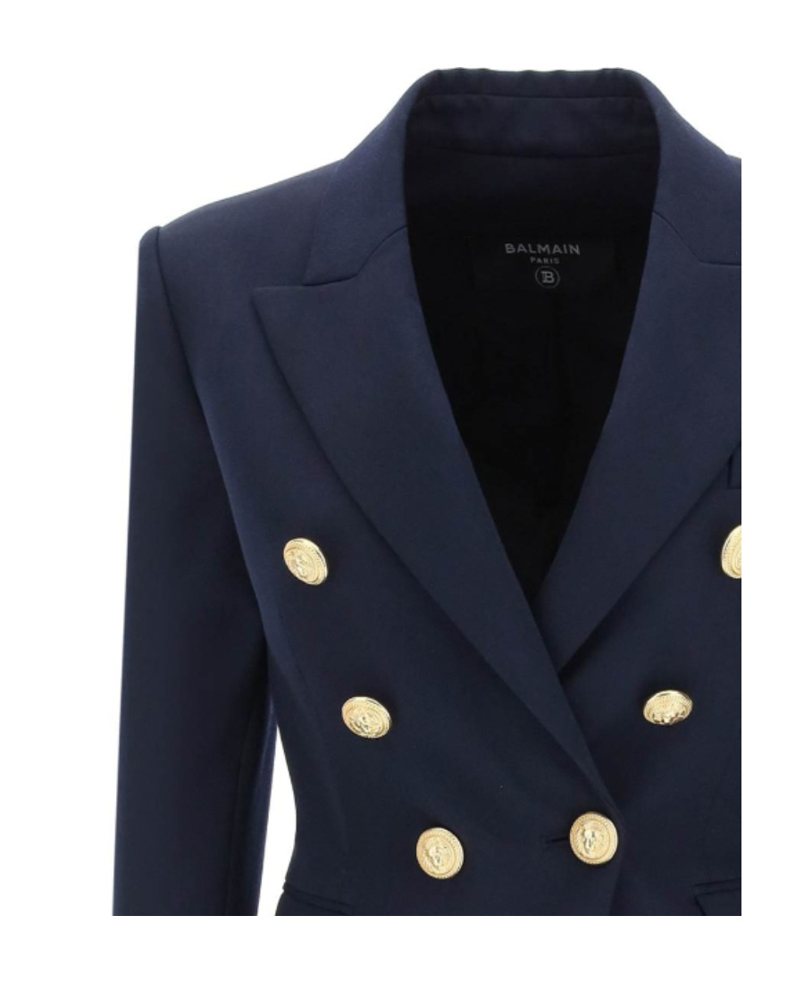 Shop Balmain Navy Blue Wool Double-breasted Jacket In Black