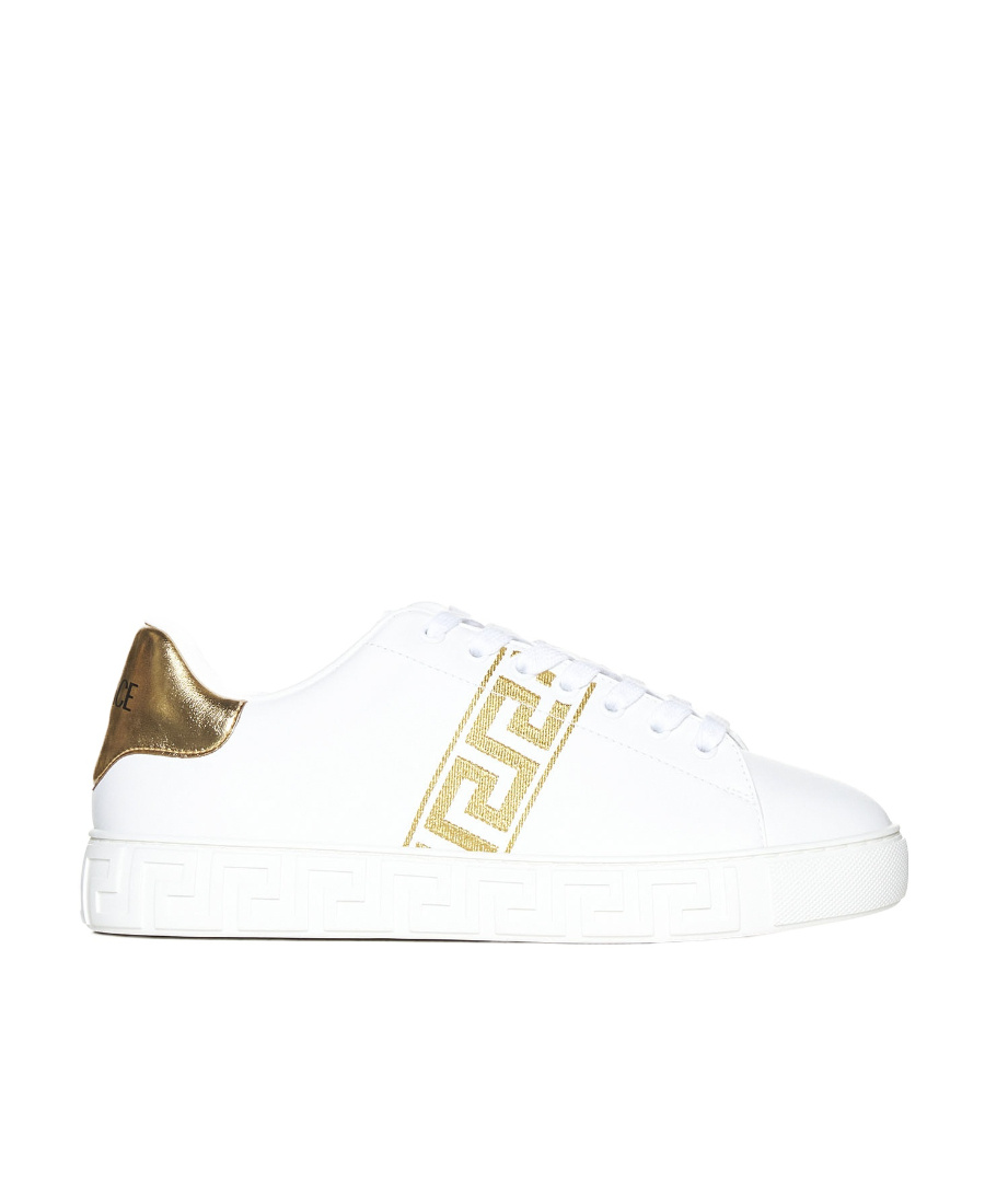 Versace Leather Sneakers Greca Embroidered Detail Gold Accents In White