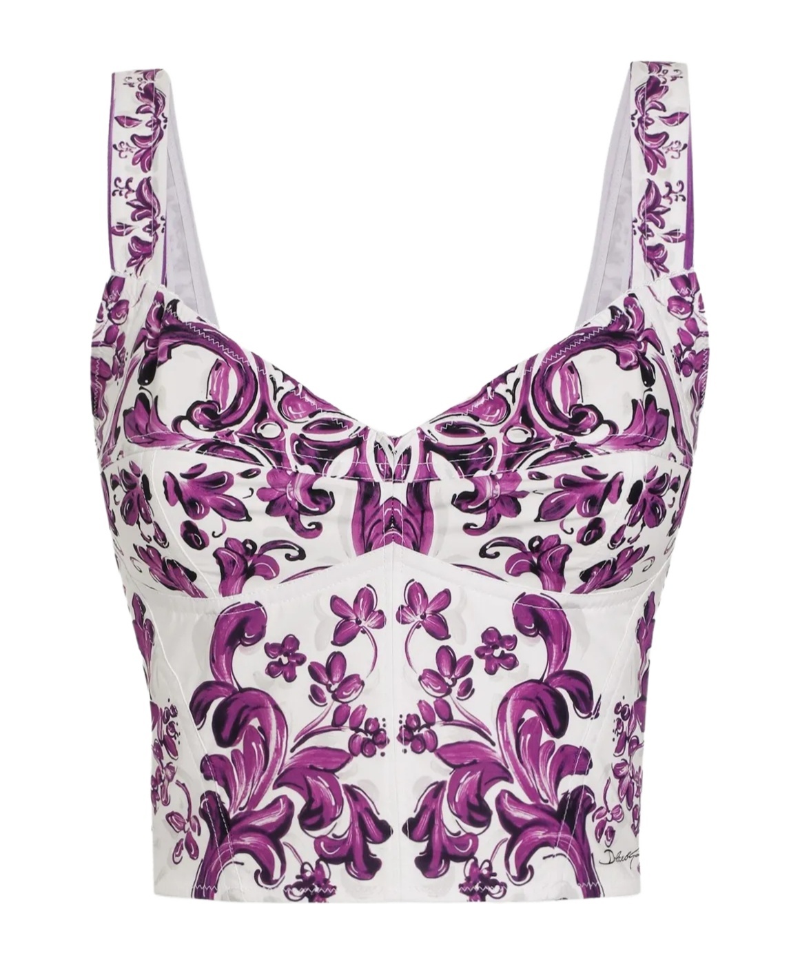Dolce & Gabbana Cotton Blend Bustier Top With Maiolica Print In Purple