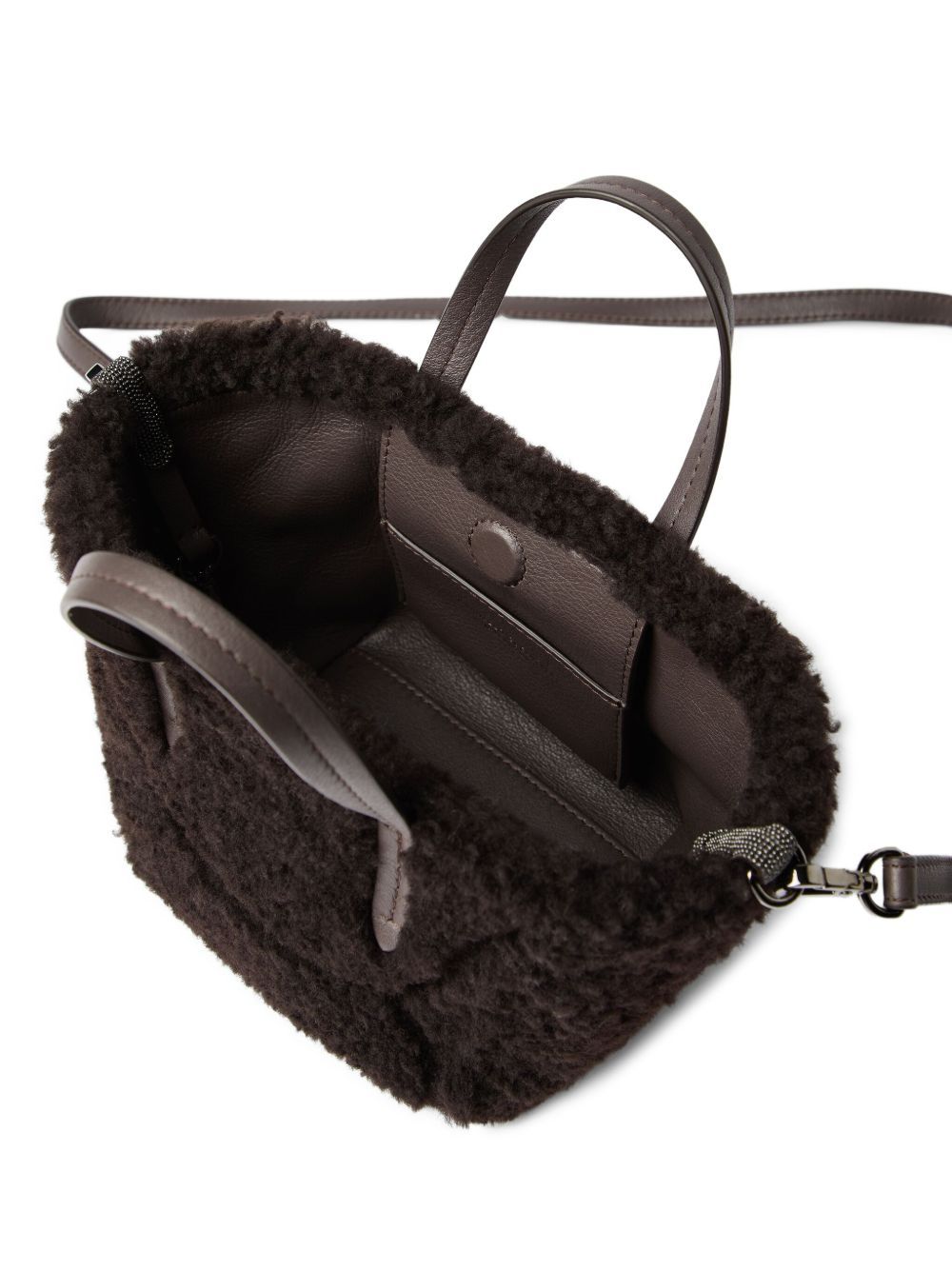 Brunello Cucinelli Duo Shearling Mini Shopper Tote Bag In Brown