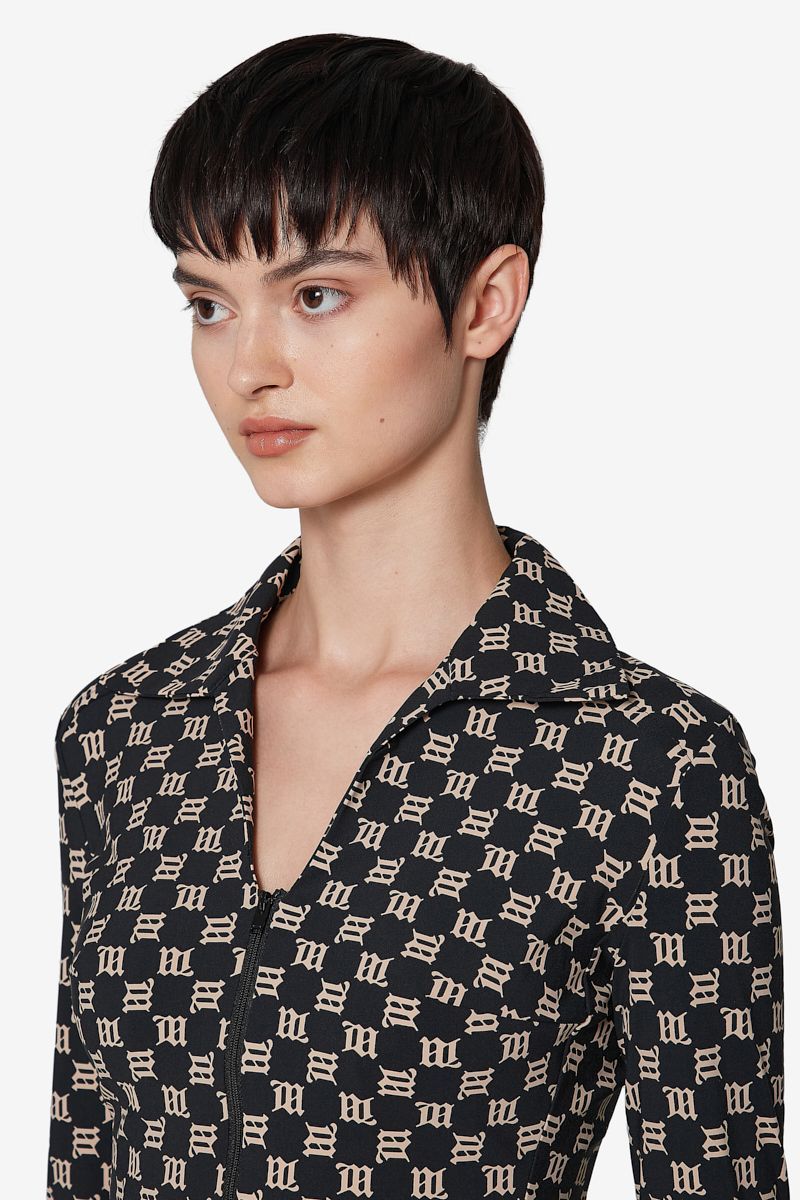 Misbhv Monogram Wide Collar Zip Up Shirt In Black