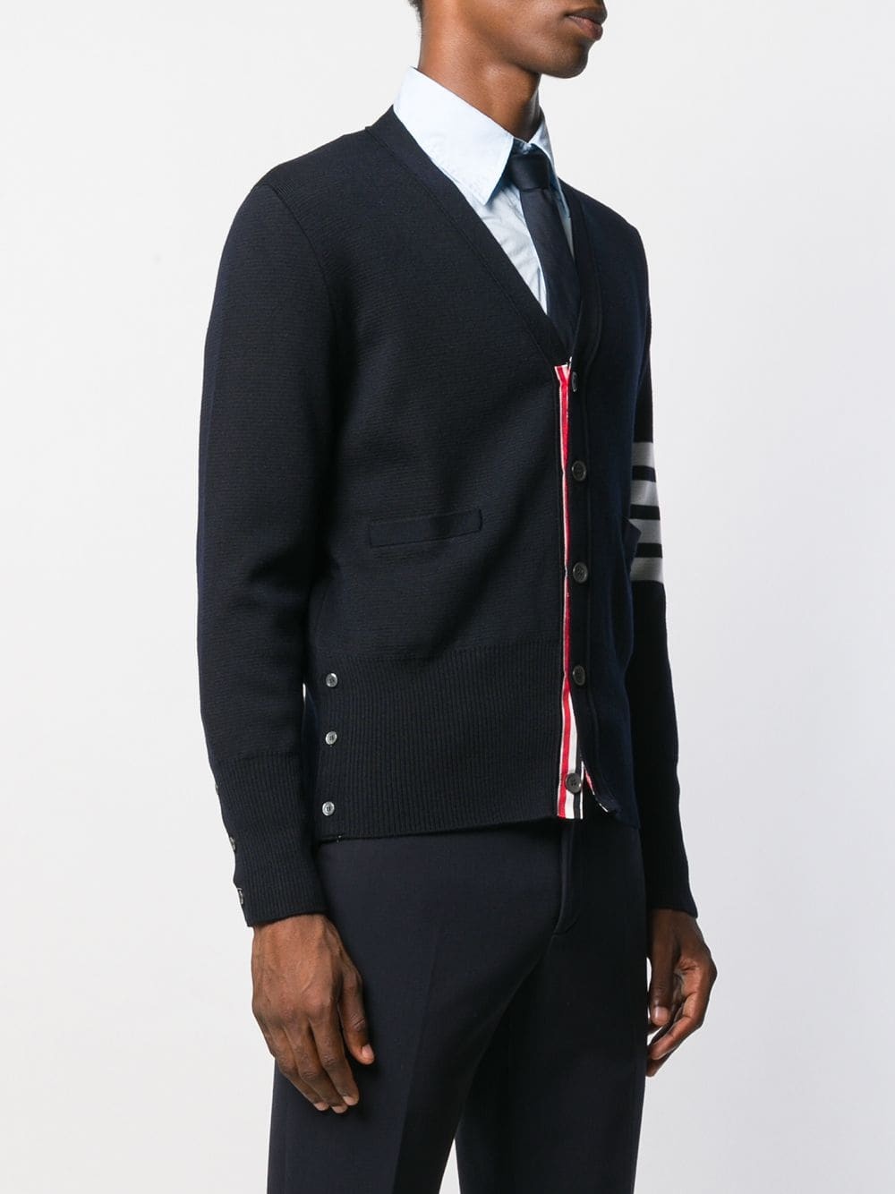 Thom Browne Milano Stitch V Neck Cardigan With 4 Bar In Fine Merino Wool Clothing In Blue