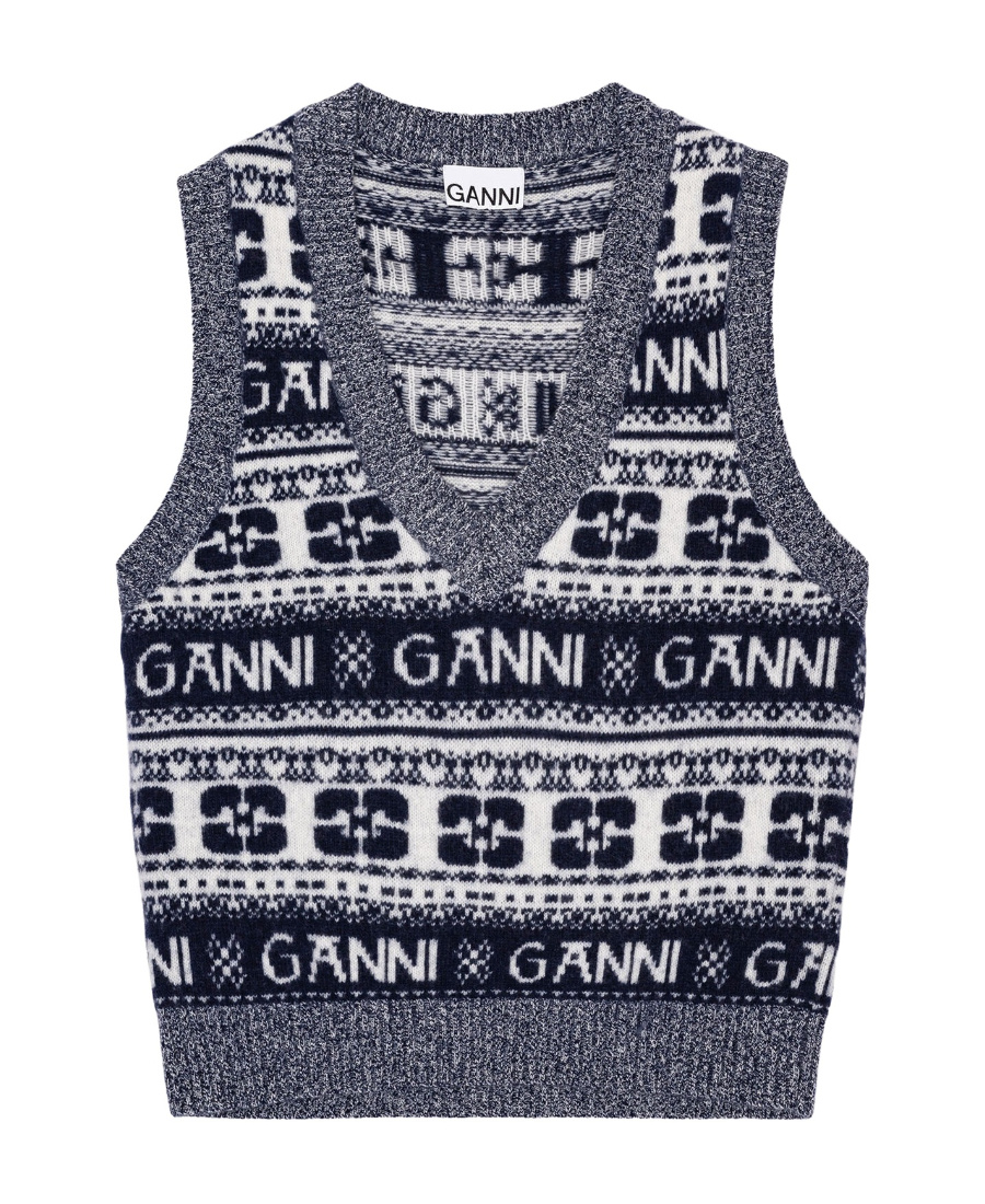 Ganni Logo-intarsia Knitted Vest In Black