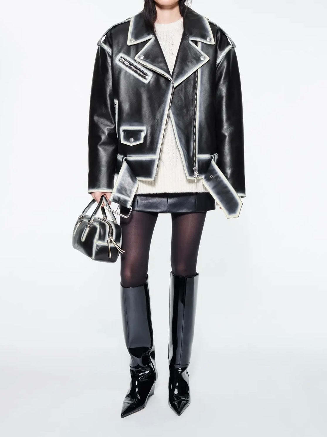 Stand Studio Lapel Long-sleeved Leather Jacket In Black