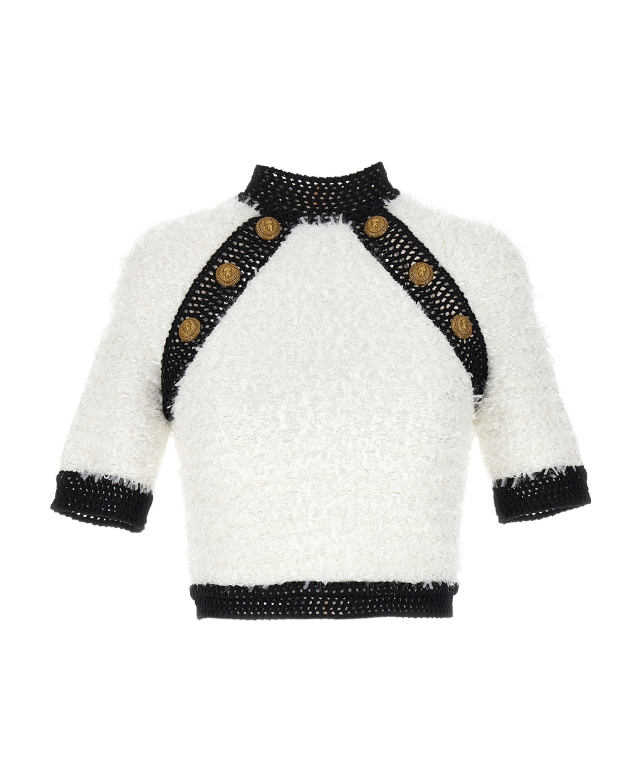 Balmain Button-embellished Tweed Crop Top In White