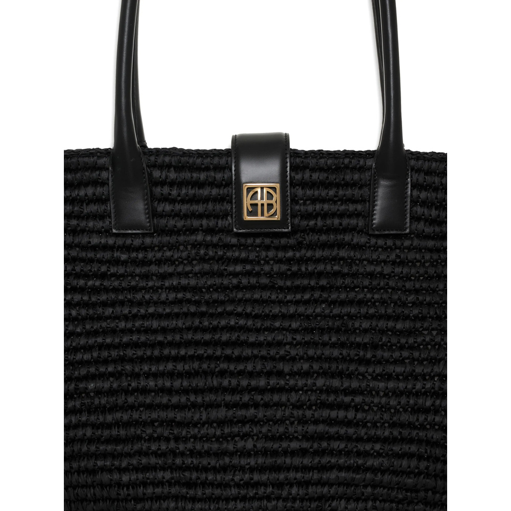 Anine Bing Womens Lou Monogram Raffia Tote Bag Black