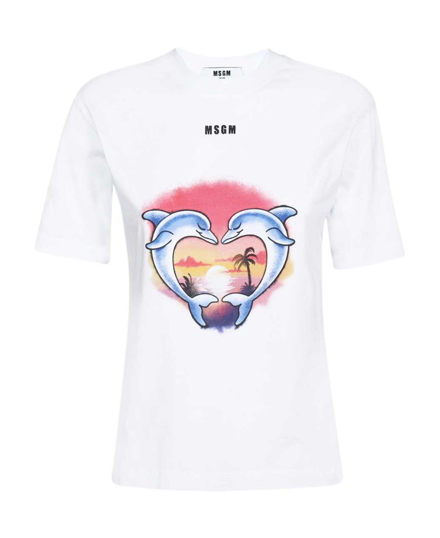 Msgm Dolphin-print Cotton T-shirt In White